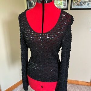 Black Sequin Fitted Long Sleeve Blouse